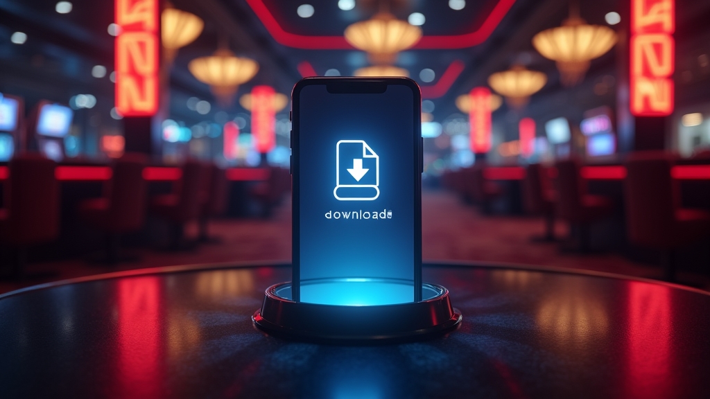 Téléphone affichant un téléchargement mobile dans un casino sombre et lumineux