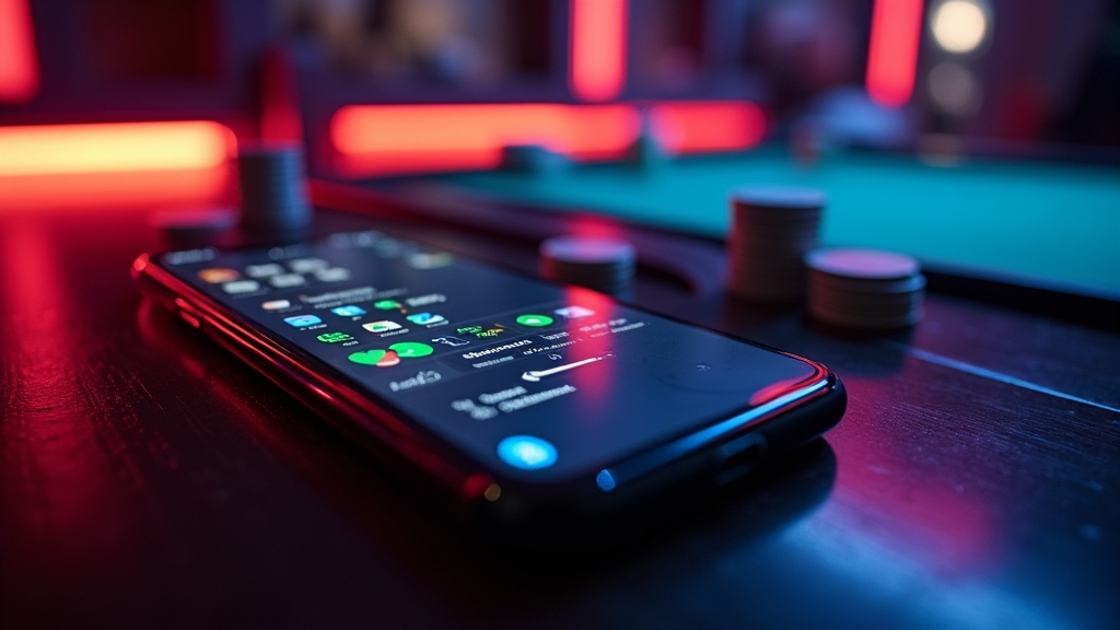 Installation mobile de l’application sur smartphone dans une ambiance de casino sombre