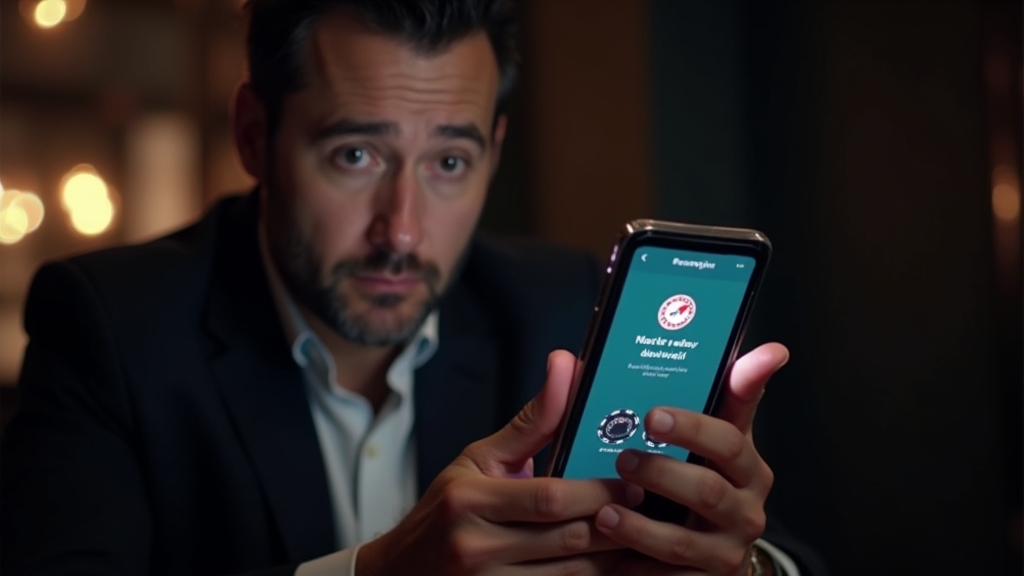 Téléphone affichant un problème de téléchargement dans une ambiance de casino sombre