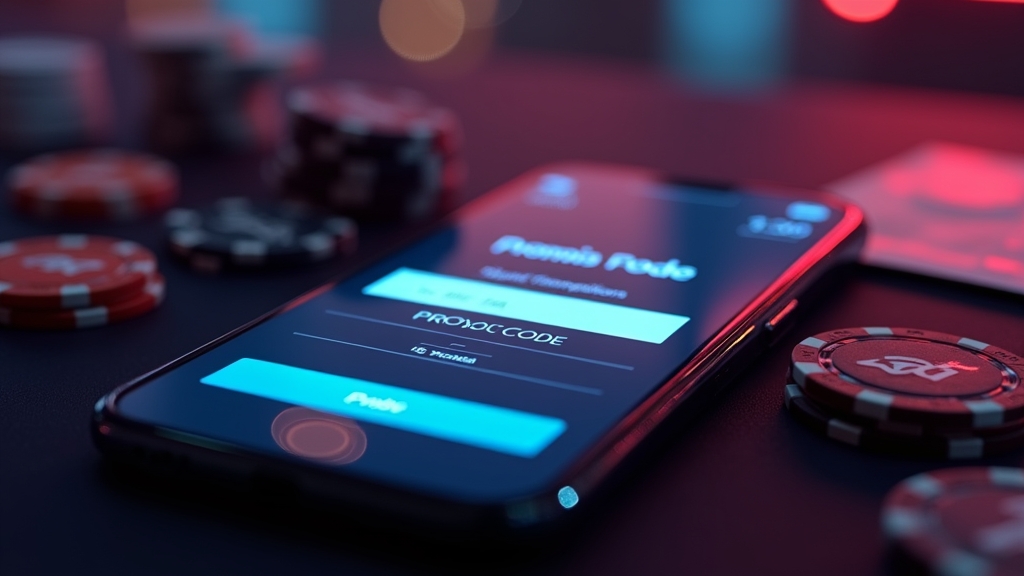 Champ de code promo sur mobile dans une ambiance casino sombre